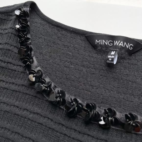 Ming Wang Ruffle Floral Sequin Embellished Short Sleeve Top Black Womens Medium - Picture 9 of 10